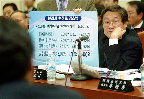 2003년 11월 18일 국회 문광위에 출석해 KBS TV수신료 분리징수시 감소액에 대해 설명하던 정연주 KBS사장이 의원의 질의를 듣고 있다. 